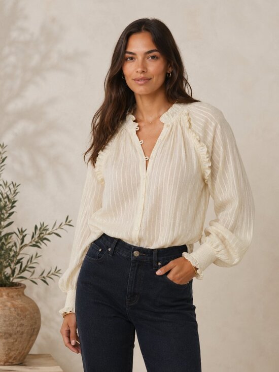 Cleobella Tops - Cleobella Cream Ari Metallic Sparkle Stripe Ruffled Long Sleeve Peasant Blouse S